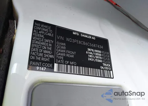 2012 Mercedes-Benz Sprinter 2500 High Roof из США, поврежденный, VIN WD3PE8CB6C5687434